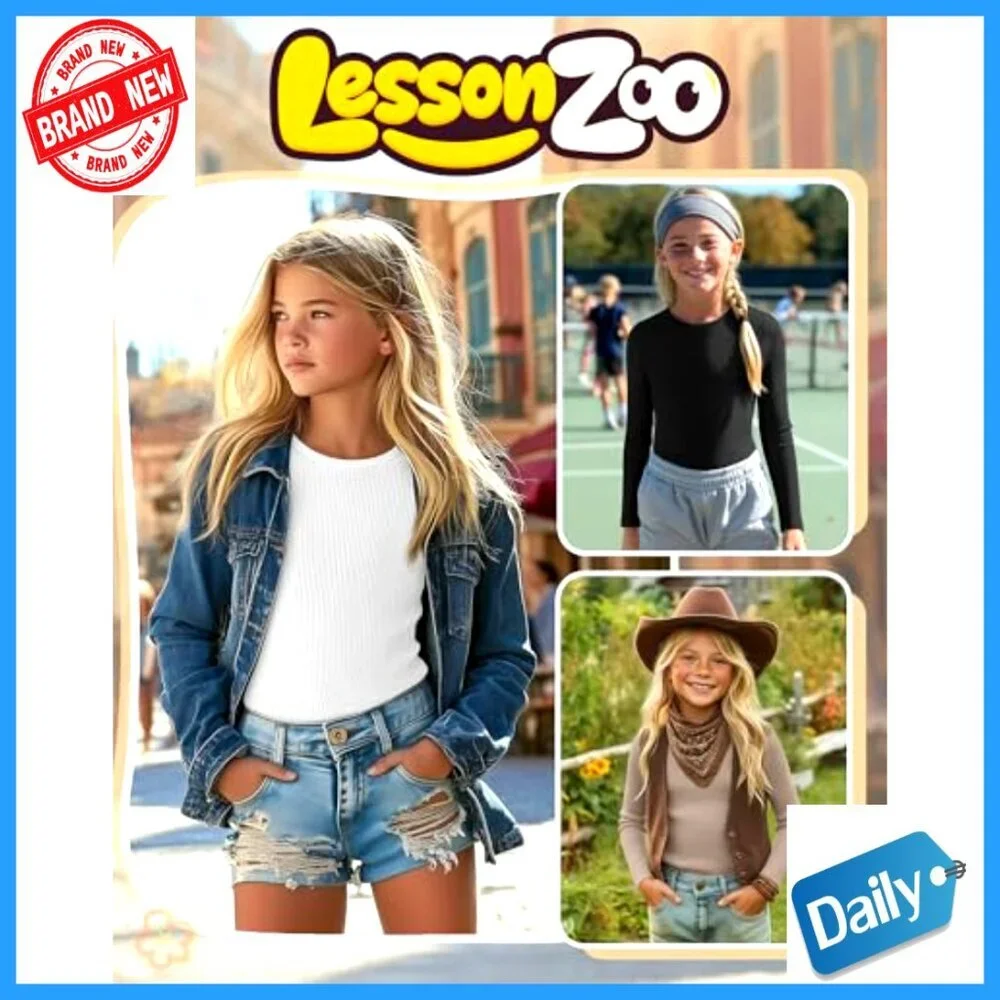 3 Pack Girls Long Sleeve Ribbed Cotton Tees Slim Fit Layering Tops